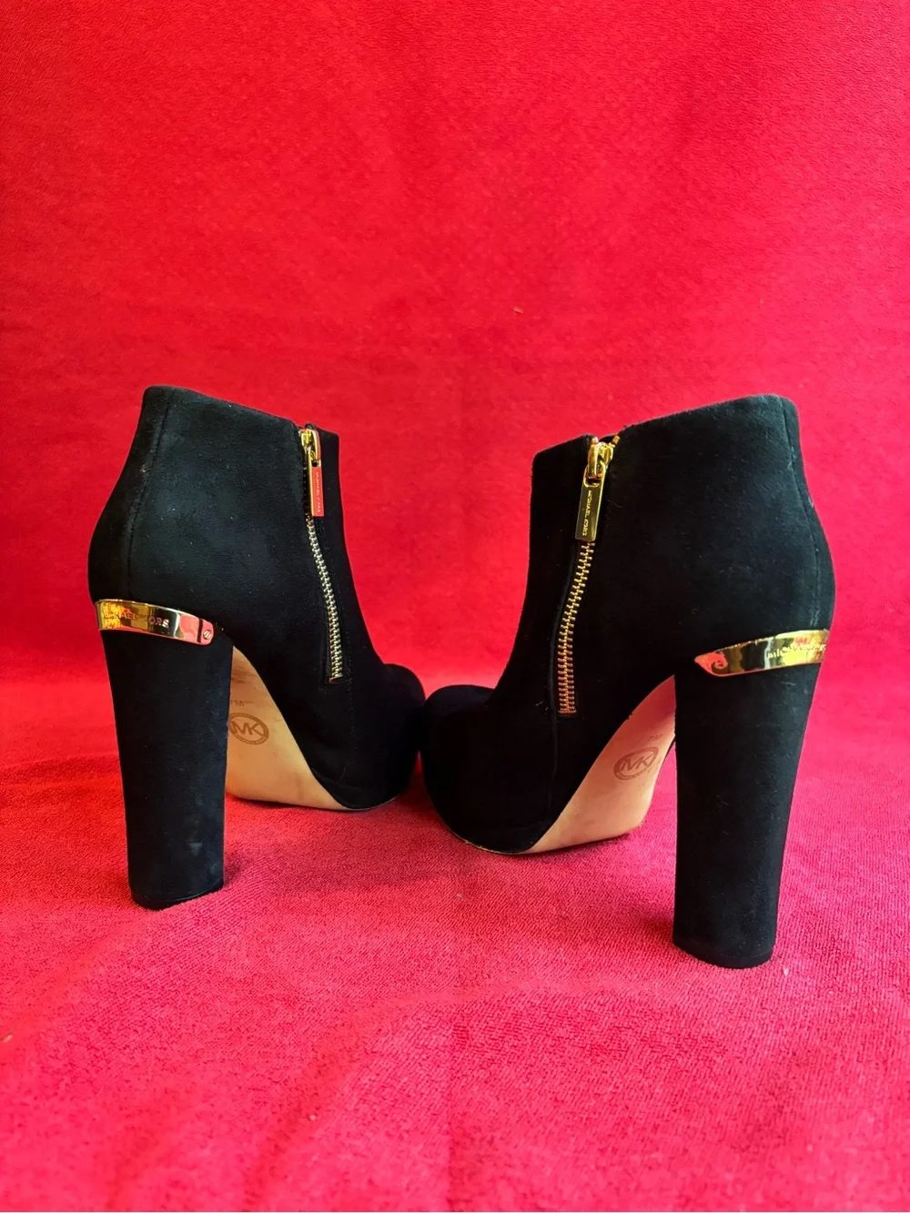 Michael Kors Black Suede High‑Heel Ankle Booties with Gold Trim